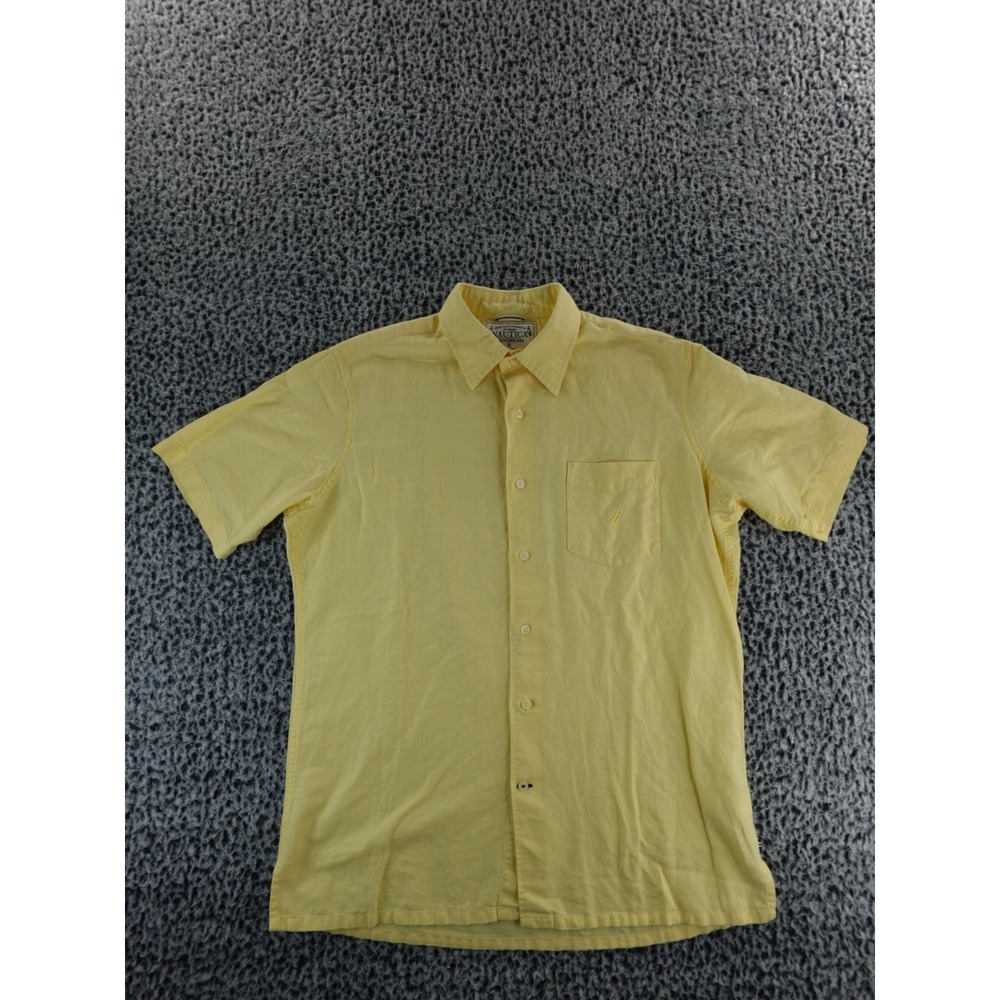 Nautica Mens Short‎ Sleeve Button Down Shirt Yellow Linen Cotton Blend Size S